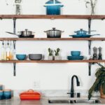 cookware set on floating shelves