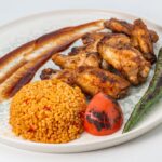 Chicken Dish with Yellow Rice and Roasted Vegetables