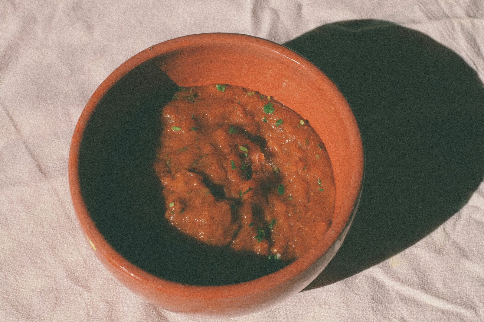 A small glass bowl filled with rich, red homemade Tex-Mex paste, ready to be used.