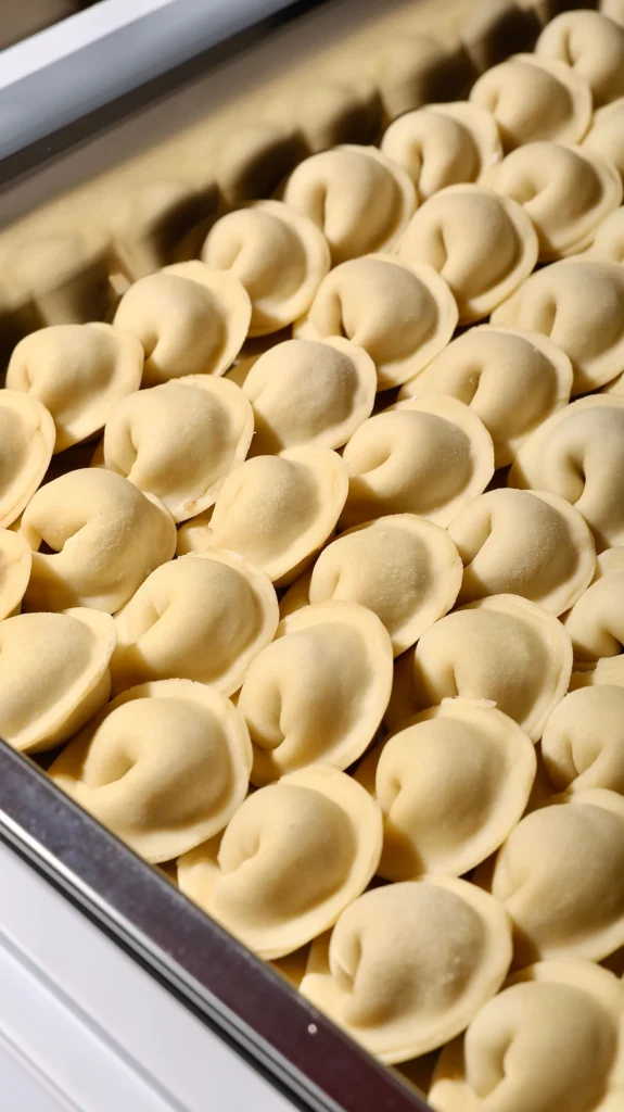Homemade dumplings packed in a container for freezer storage